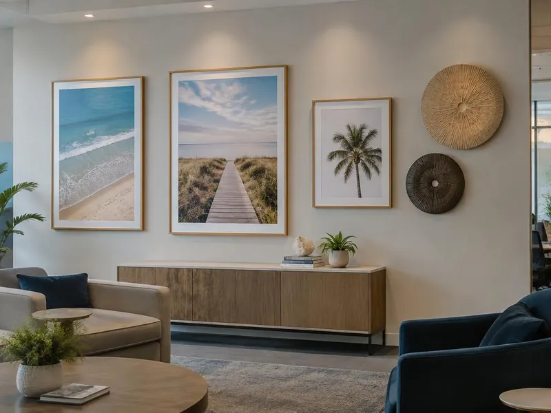 Quadros decorativos impressos em canvas aplicados em parede de ambiente corporativo