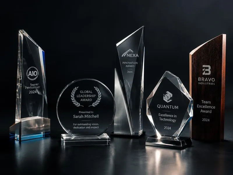 Troféus personalizados em acrílico, cristal e madeira com gravação a laser produzidos pela Focus